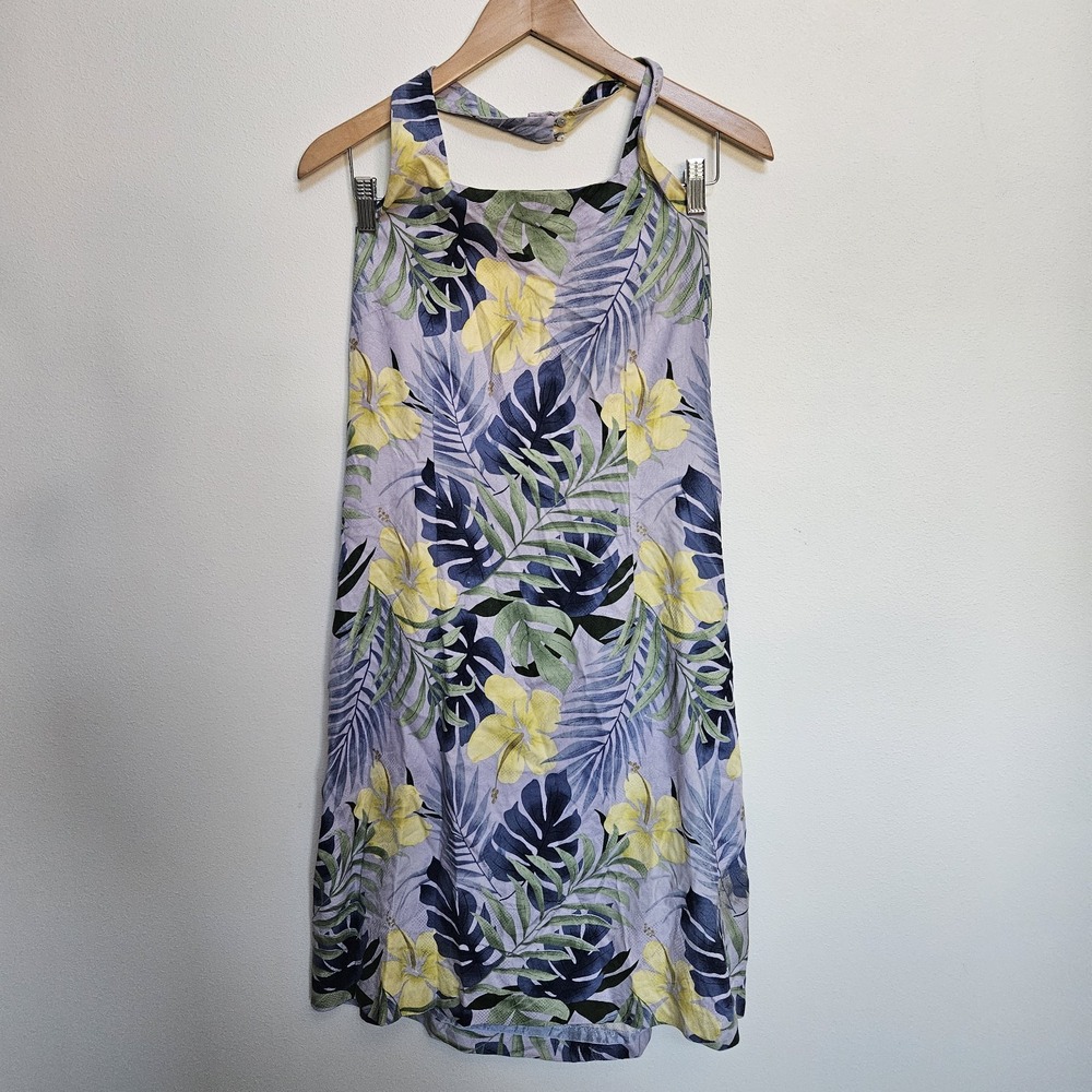Tommy Bahama Midi Dress Womens 10 Purple Yellow Floral Sleeveless Halter Silk